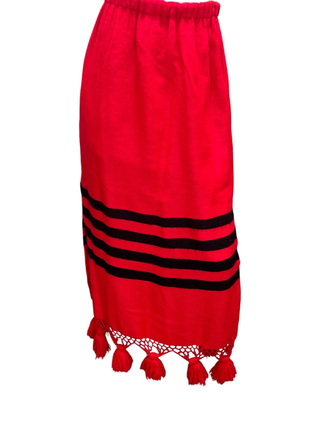 Vtg 70s S-M Red Tassel Maxi Skirt Lined Woven Weave BOHO Side Vents Black Stripe