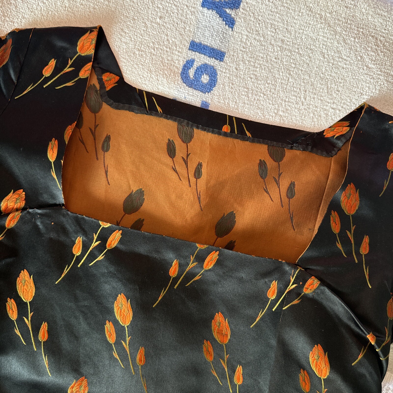 Antique 1920s Orange Tulip Silk Brocade Dress 1890s Fabric Full Length Vintage