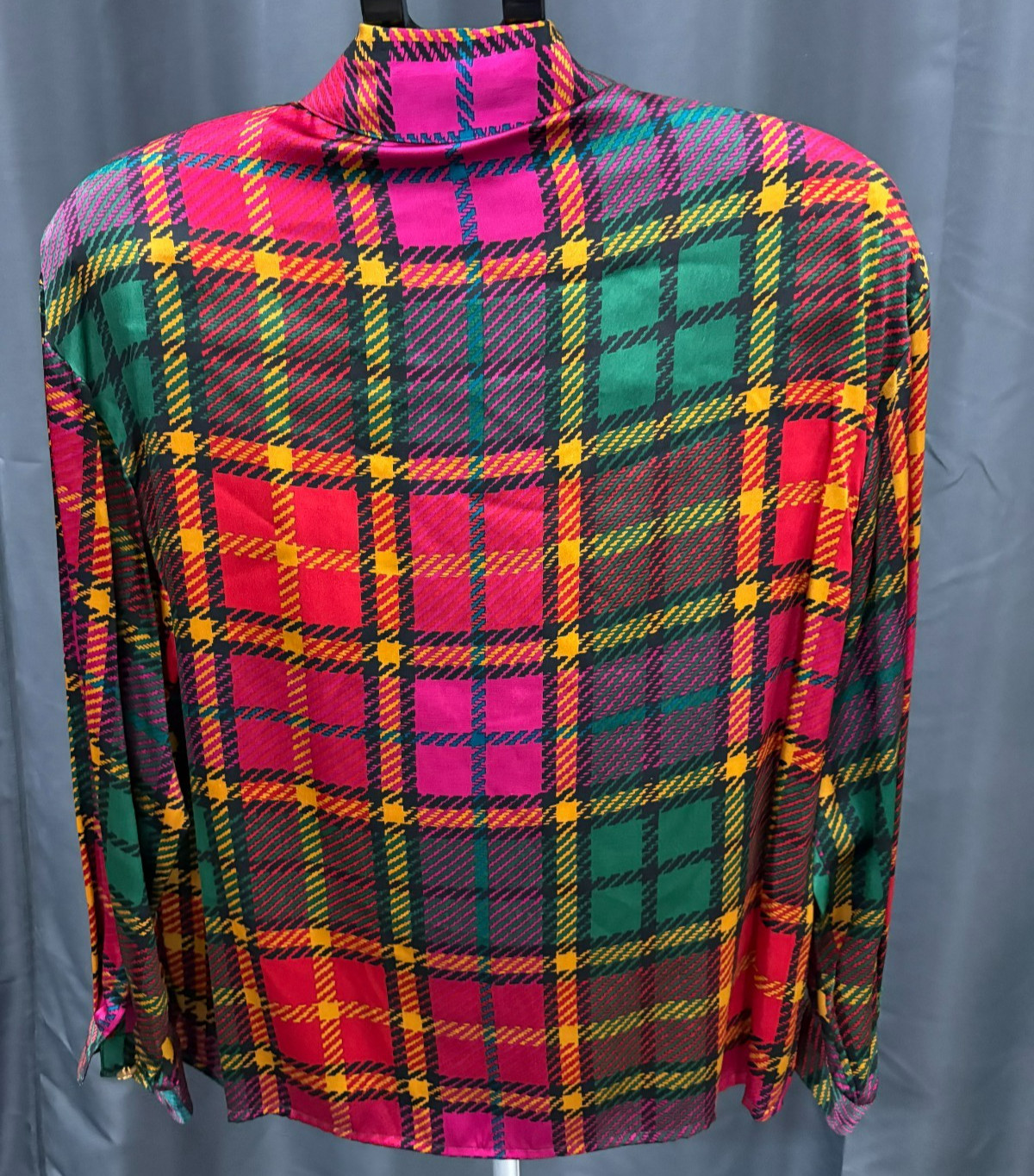Vintage 100% Silk Jewel Tone Plaid Bold Check Button-Down Blouse 80s Starington