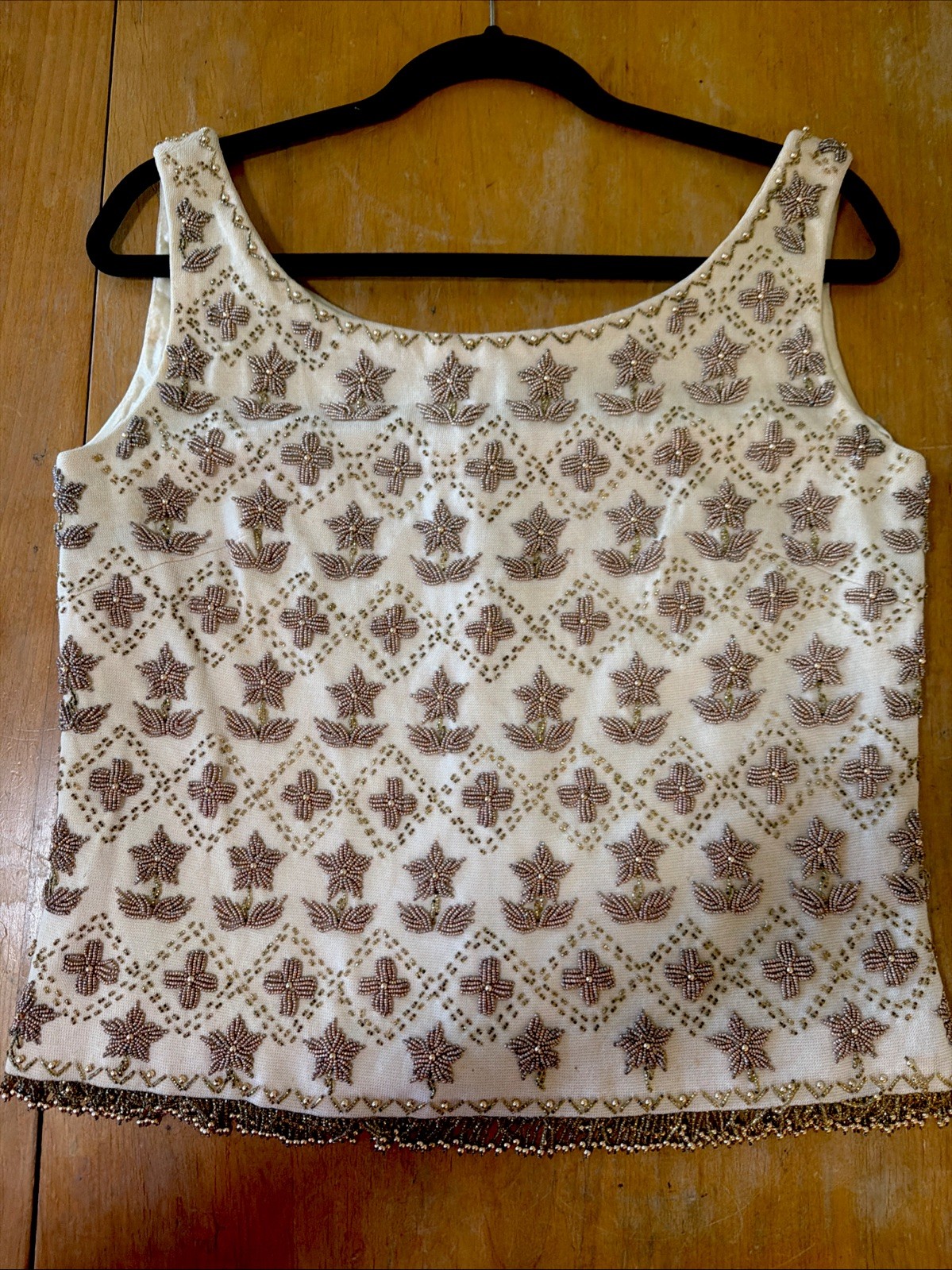 Glam Vintage 1960’S Heavy Beaded Top Wool Fringe Sleeveless Hong Kong Sz 14