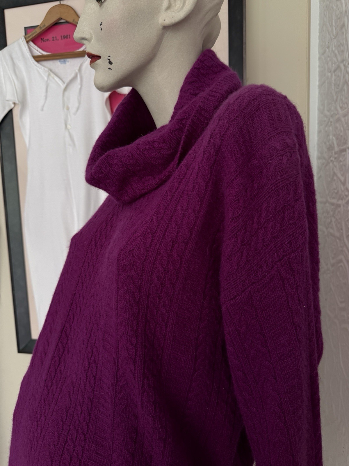 vintage sweater 1980s lambswool angora cable knit turtleneck pink M oversized