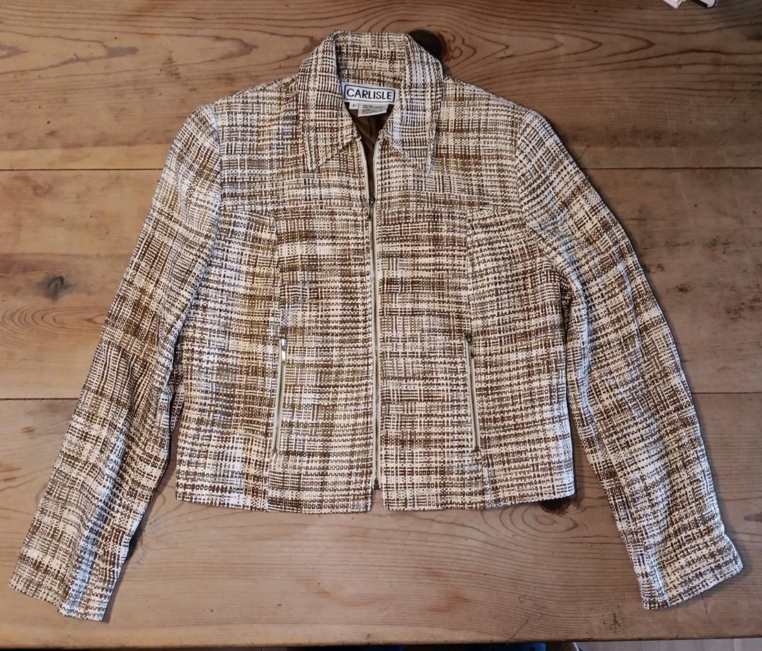 VTG Carlisle Womens 8 Blazer Jacket Zip Up Front Brown Tweed 100% Silk Pockets