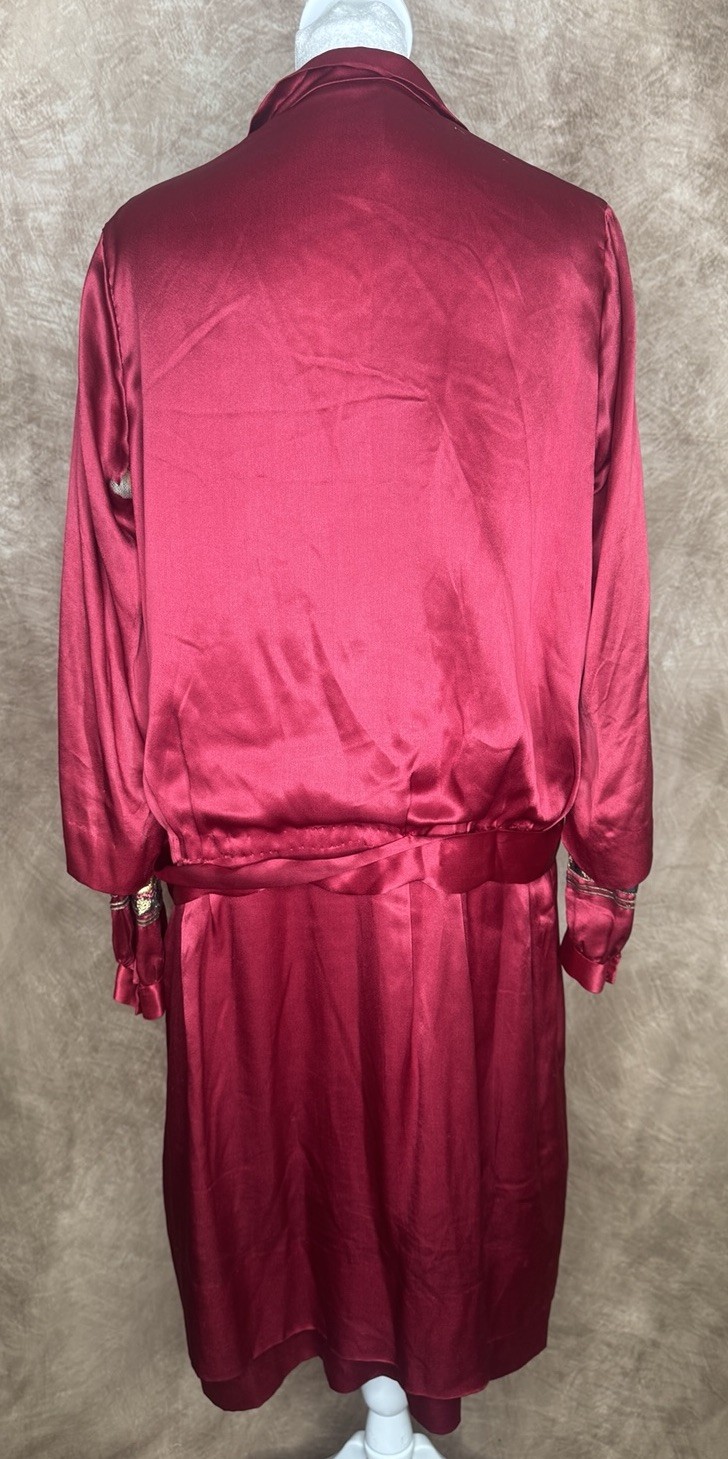Antique 1910s 1920s Red Satin Dress Embroidered Trim Enamel Buckles Drop Waist