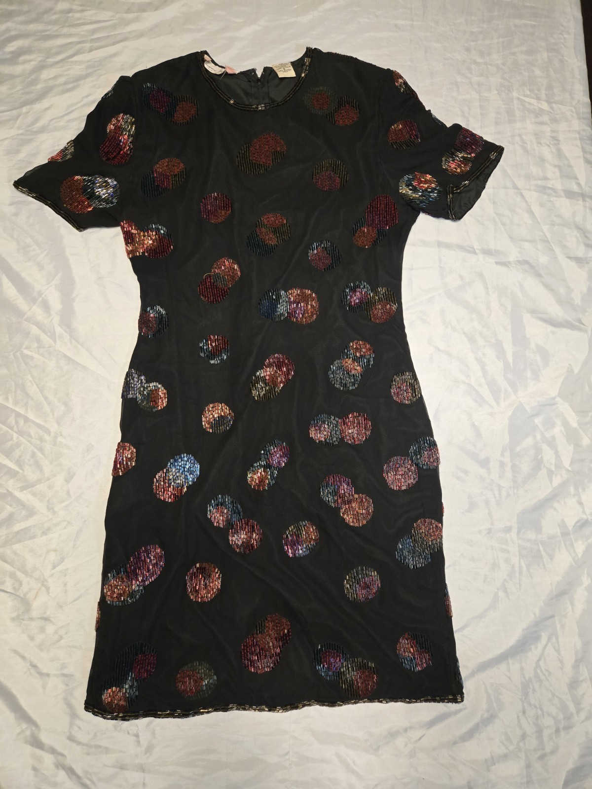 Laurence Kazar Vtg 100%silk Beaded Rayon Lined Black Dress Colorful Beads Short