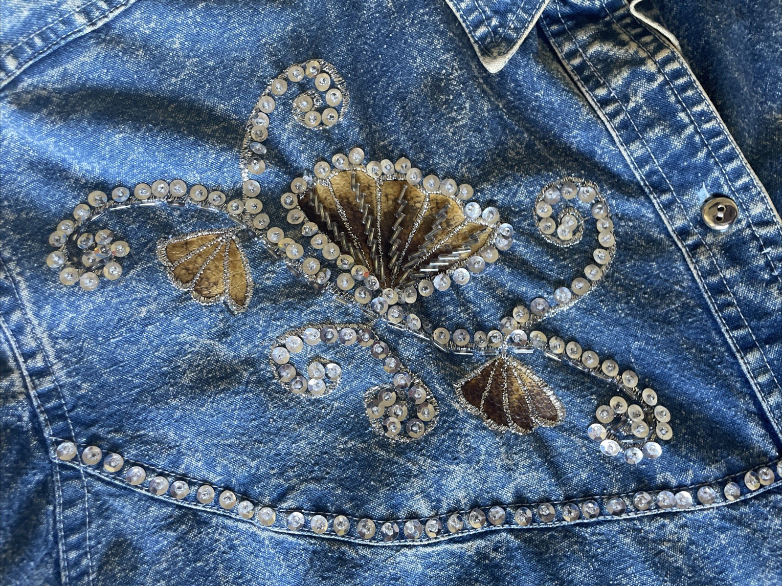 90s Vintage Christopher Ari Size XL Oversized Blue Stonewash Denim Shirt Sequin