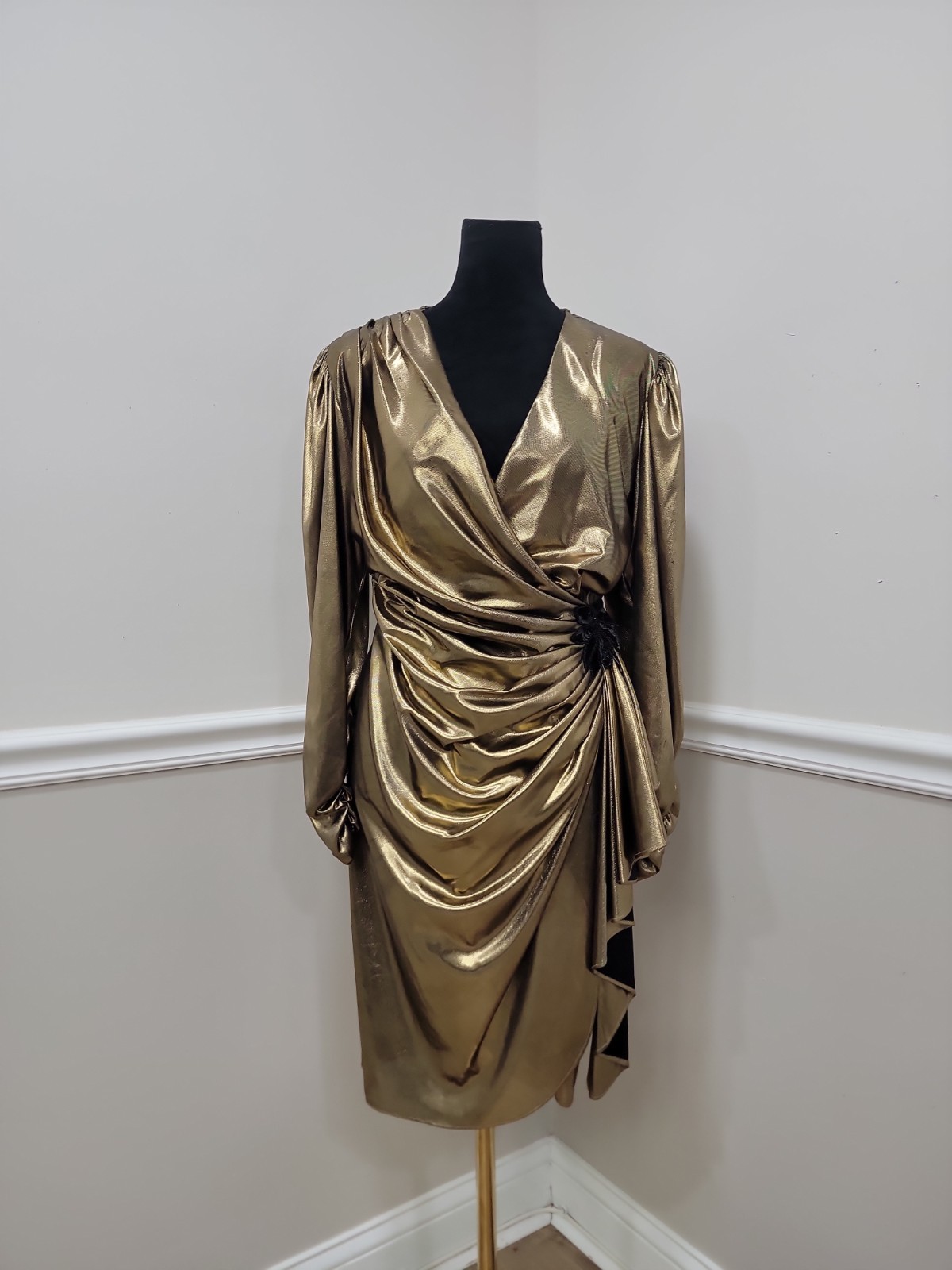 Vintage 80s Filigree Metallic Gold Lamé Ruched Wrap Cocktail Dress Draped Party