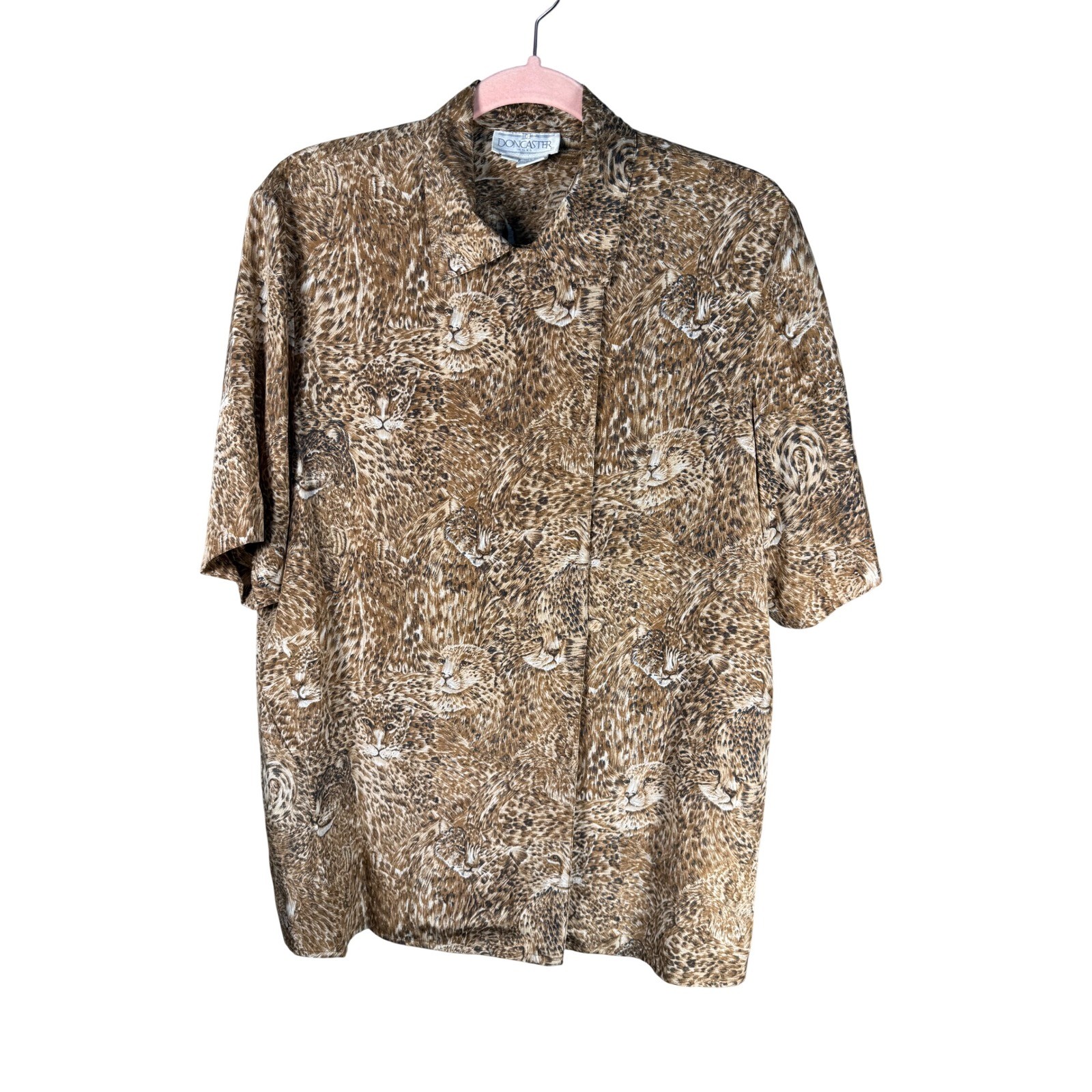 Vintage Doncaster Silks 100% Silk Leopard Cat Print Blouse Medium Safari