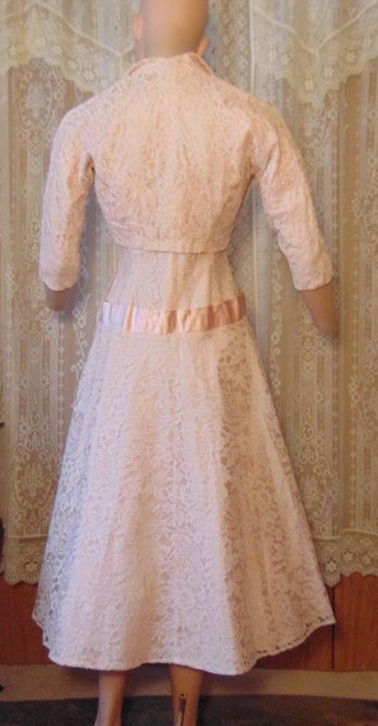 VTG 50s Pink Chantilly Lace & Satin Dress Jacket & Crinoline Slip 26W