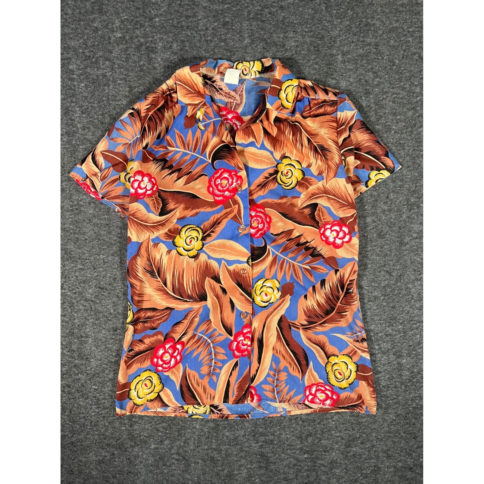 Vintage 80s Tropical Floral Button Down Shirt Short Sleeve Blue Brown RN 22636
