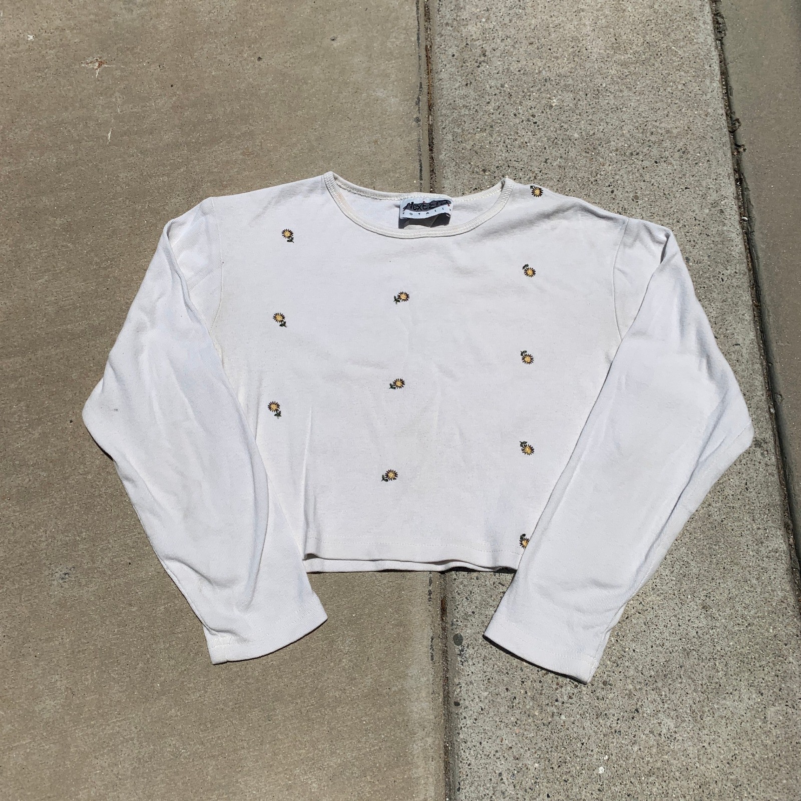 Vintage 80s Next Era Totally cropped long sleeve tshirt w/ flower embroidery USA