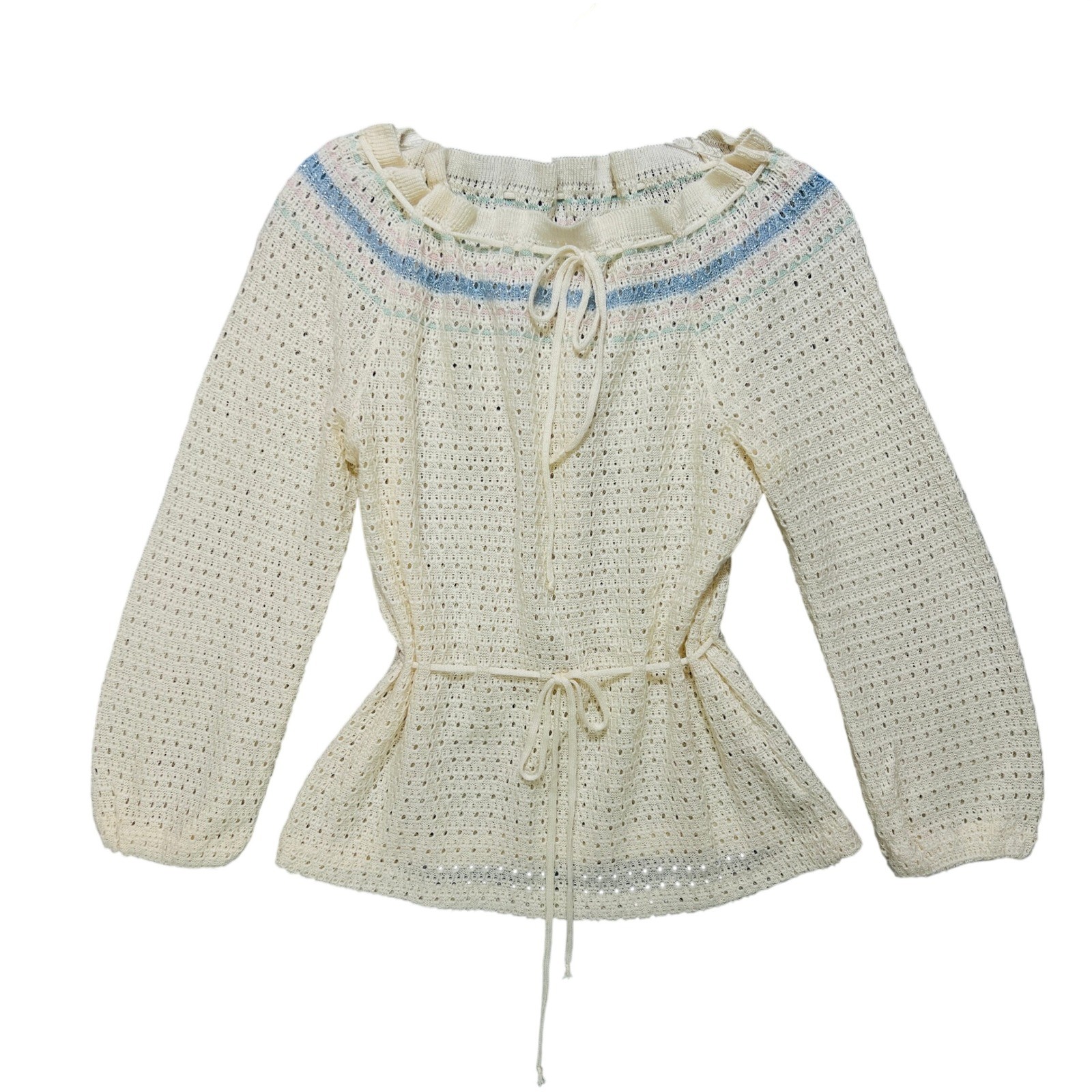 VTG Sears Crochet Open Knit Sweater Pastel Stripe Small Ruffle Boho Cottagecore