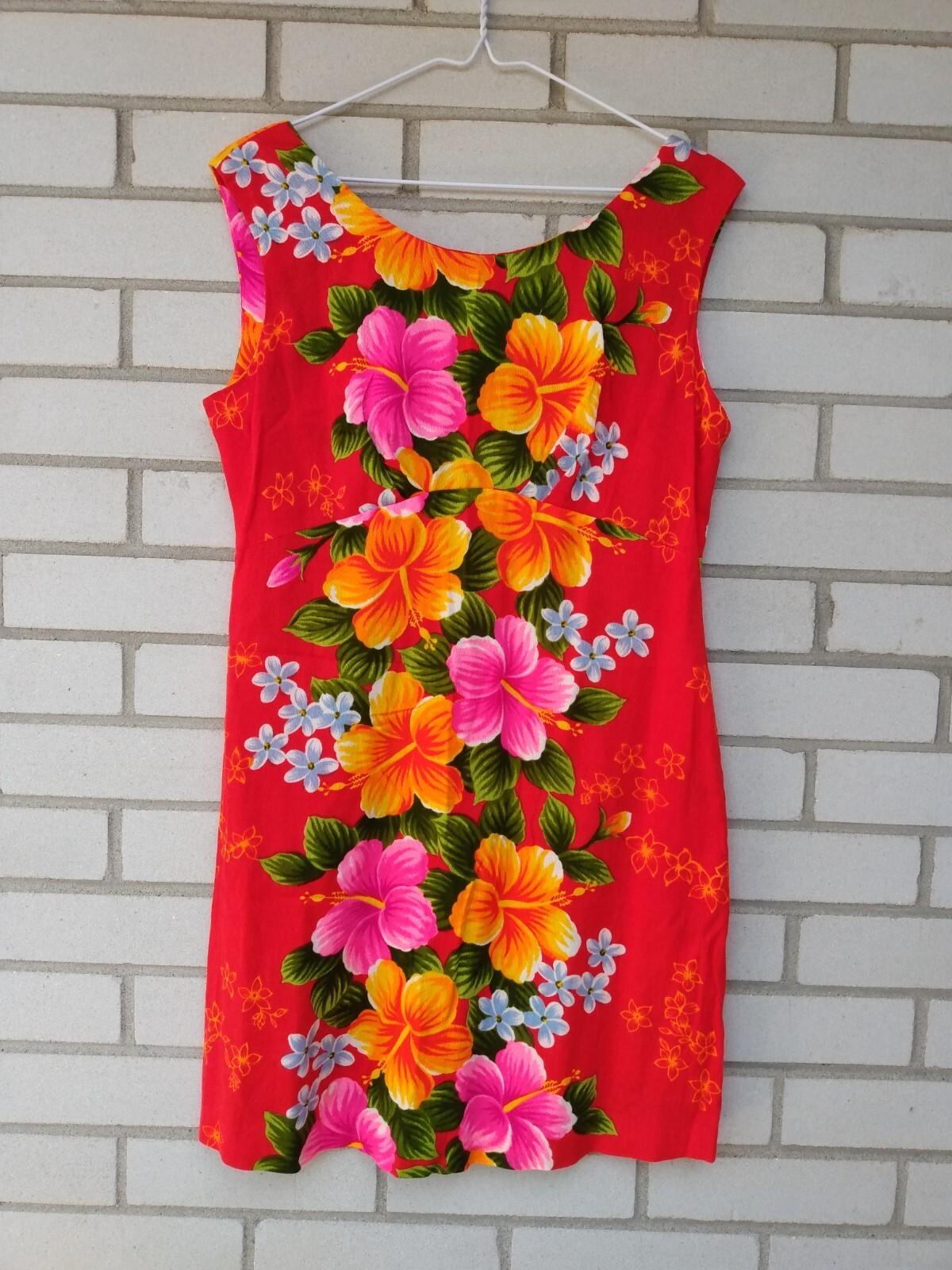 Vintage Hawaiian Dress 36″B Barkcloth Pomare Bright Colors Mini Sleeveless USA