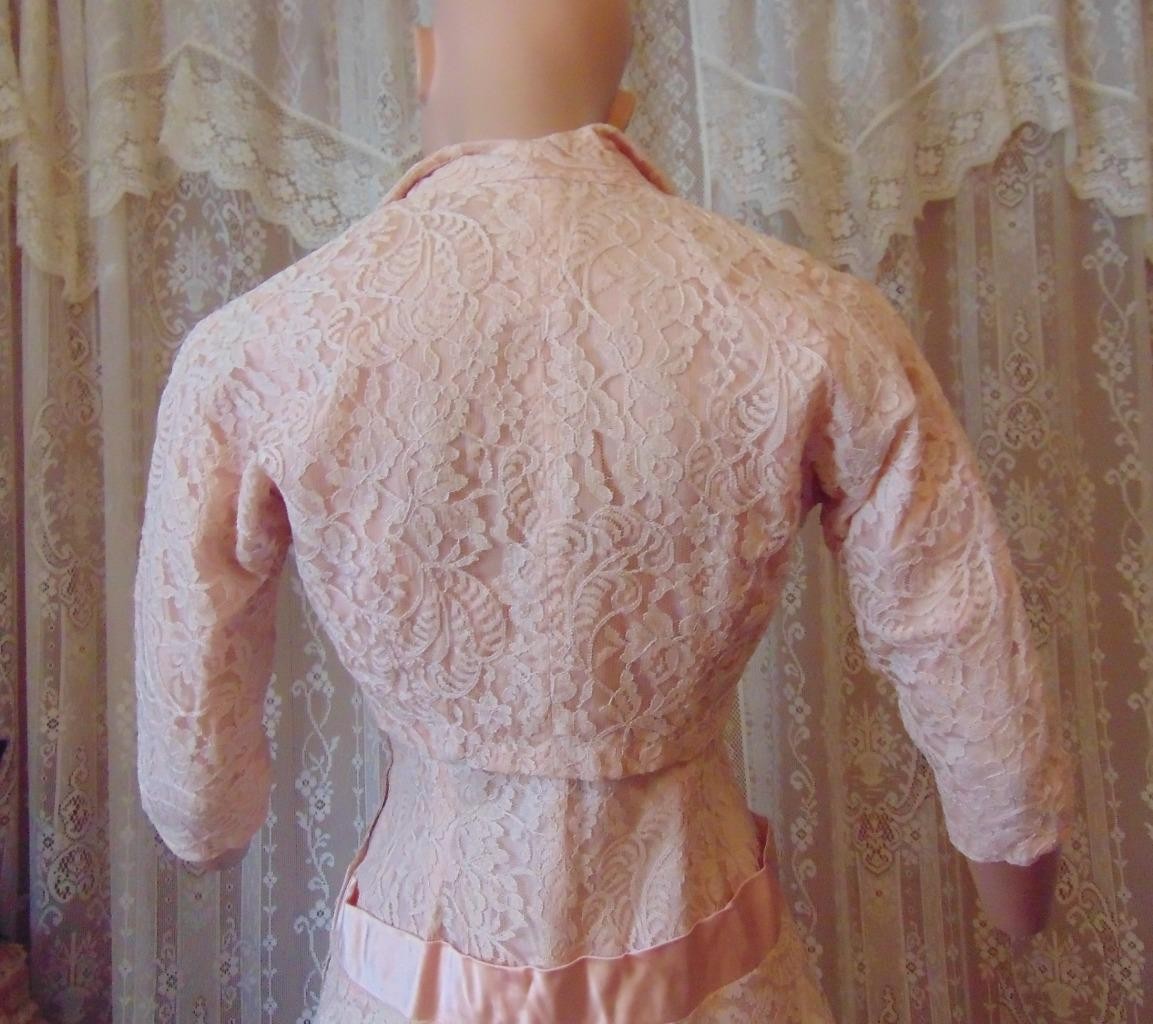 VTG 50s Pink Chantilly Lace & Satin Dress Jacket & Crinoline Slip 26W