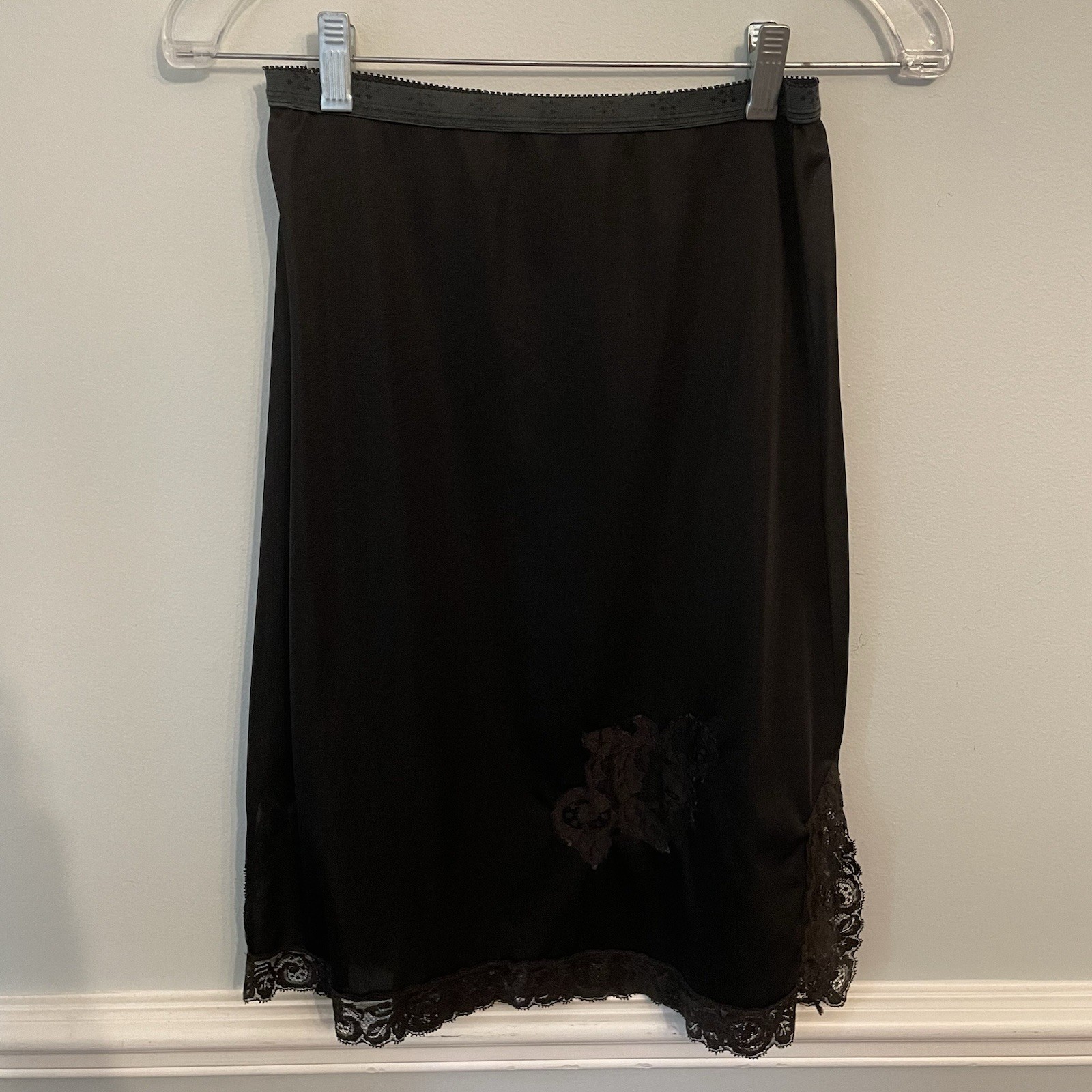 Vintage Dutchmaid Black Half Slip SZ 30S Side Splits Lace Accents Nylon