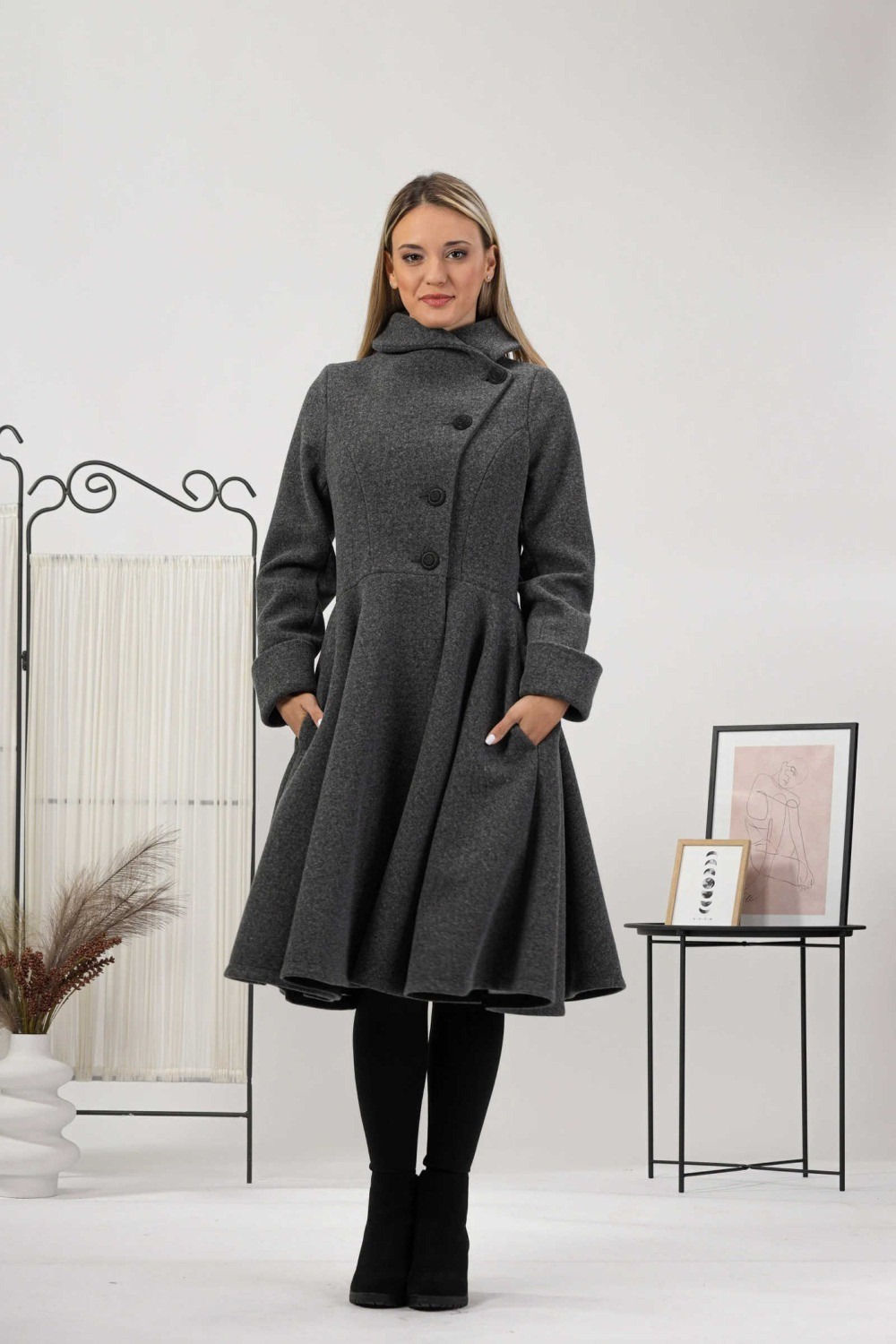 Ladies grey coat long jacket hem skirt tweed winter long business elegant