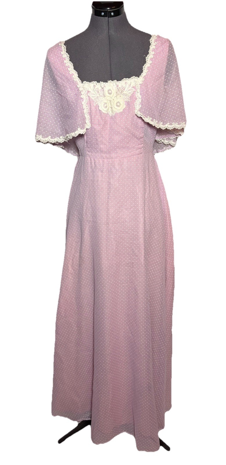 VTG 70s Prairie Cottagecore Lavender Swiss Dot Lace Maxi Sylvia Ann Dress B33