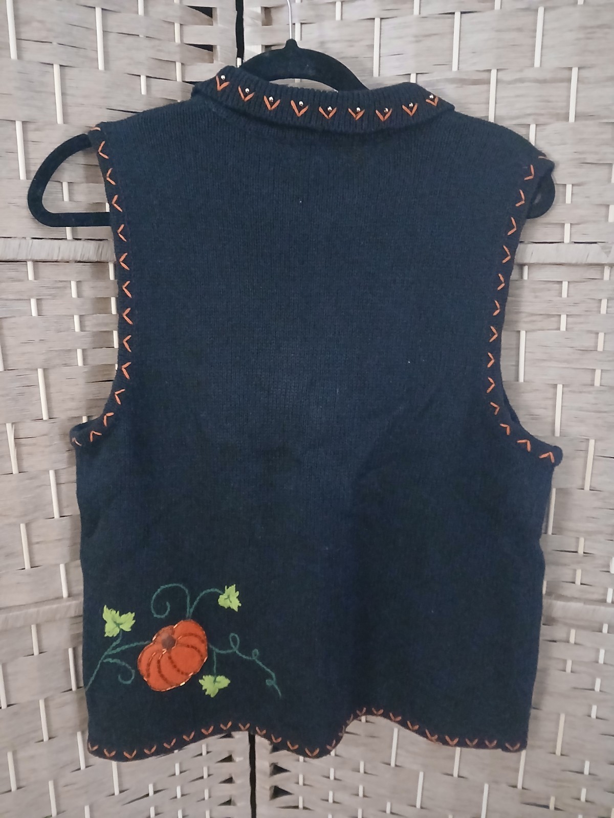 Vintage Knit Autumn Embroidered Beaded Pumpkin Vest Sz M Fall Halloween