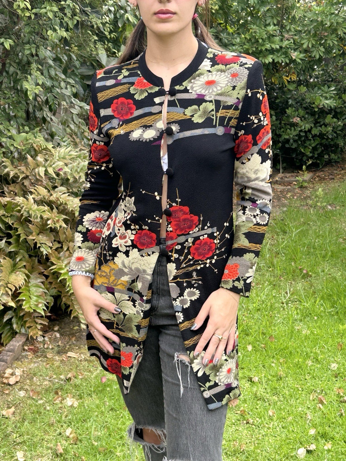 Vtg Connie’s Moonlight Duster Light Weight Coat Floral Asian USA Art To Wear