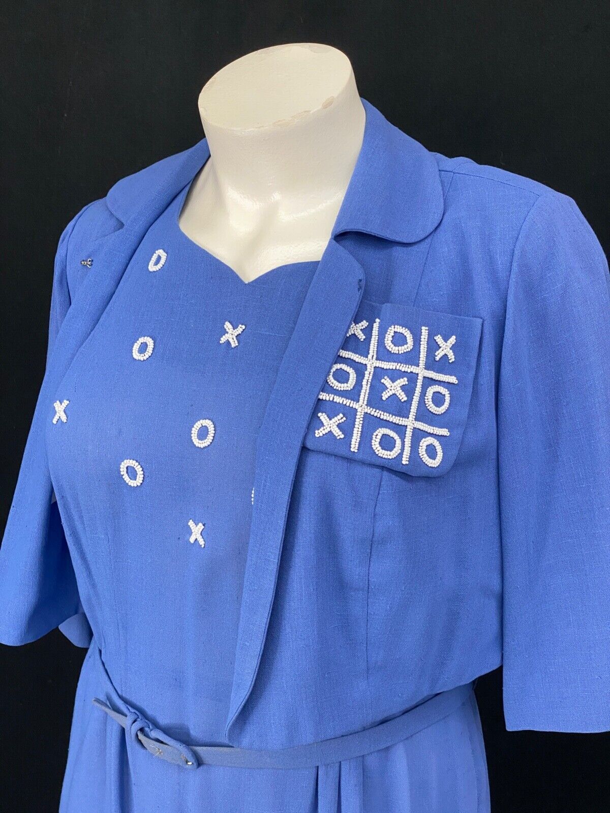Vintage 1940s tic-tac-toe dress, blue beaded novelty print Xs Os XXL plus size