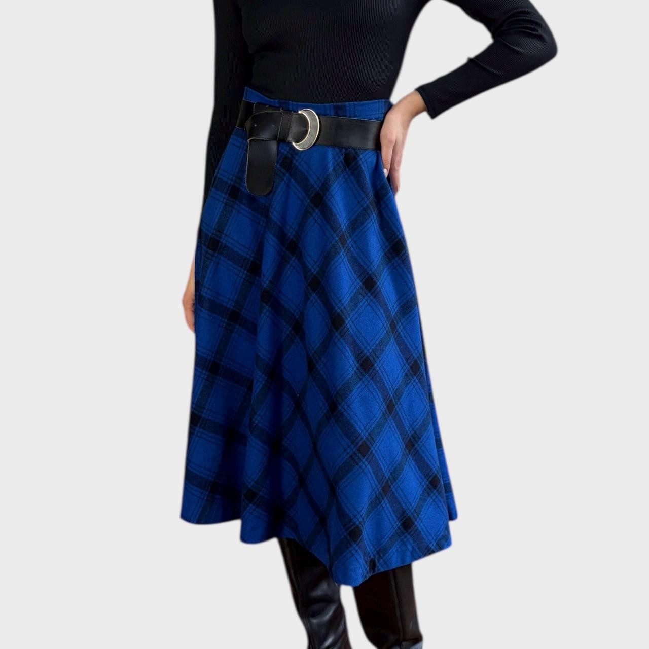 Vintage 90s Blue Plaid Wool Blend Midi Skirt | High Waist A-Line size US8/ EU40