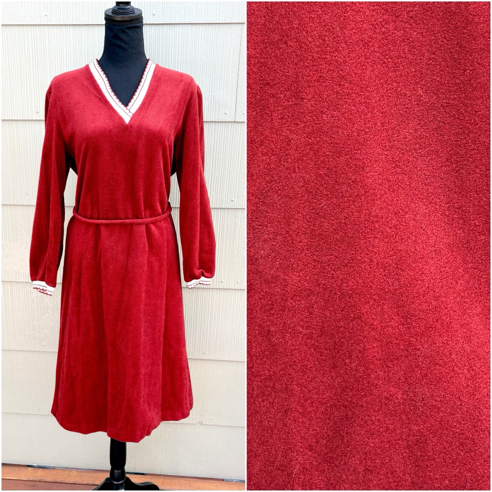 vtg 70s ILGWU Union-Made Twee Hippy Maroon Terrycloth V-Neck Sweater Dress
