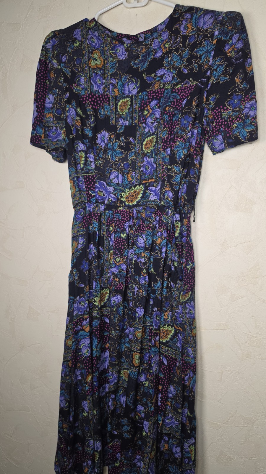 Vintage 80s 90s Jessica Howard Dark Floral Patchwork Midi Dress with Belt Size 6