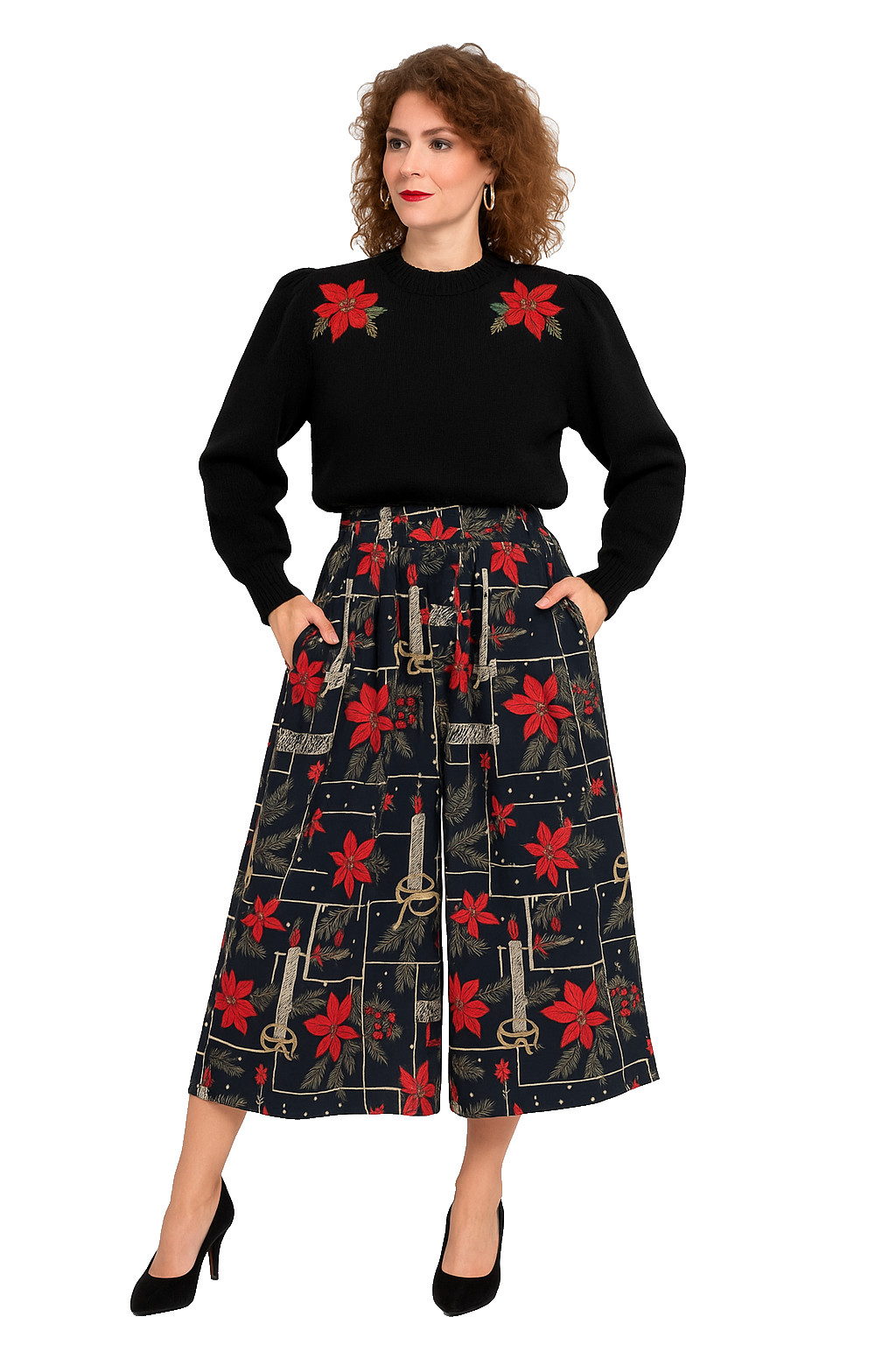 Vintage 1980s Thats Me Ugly Christmas Sweater Gaucho Pants Set Poinsettia M