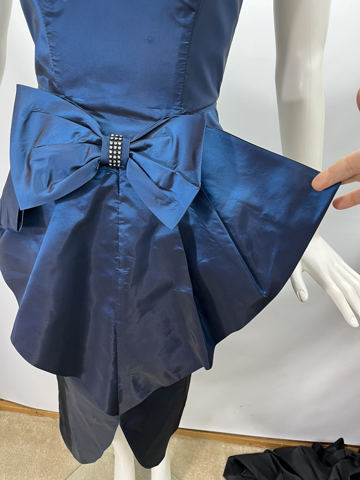 80s Vtg Roberta Party Dress Blue Iridescent Taffeta Bow Rhinestones Prom Wiggle
