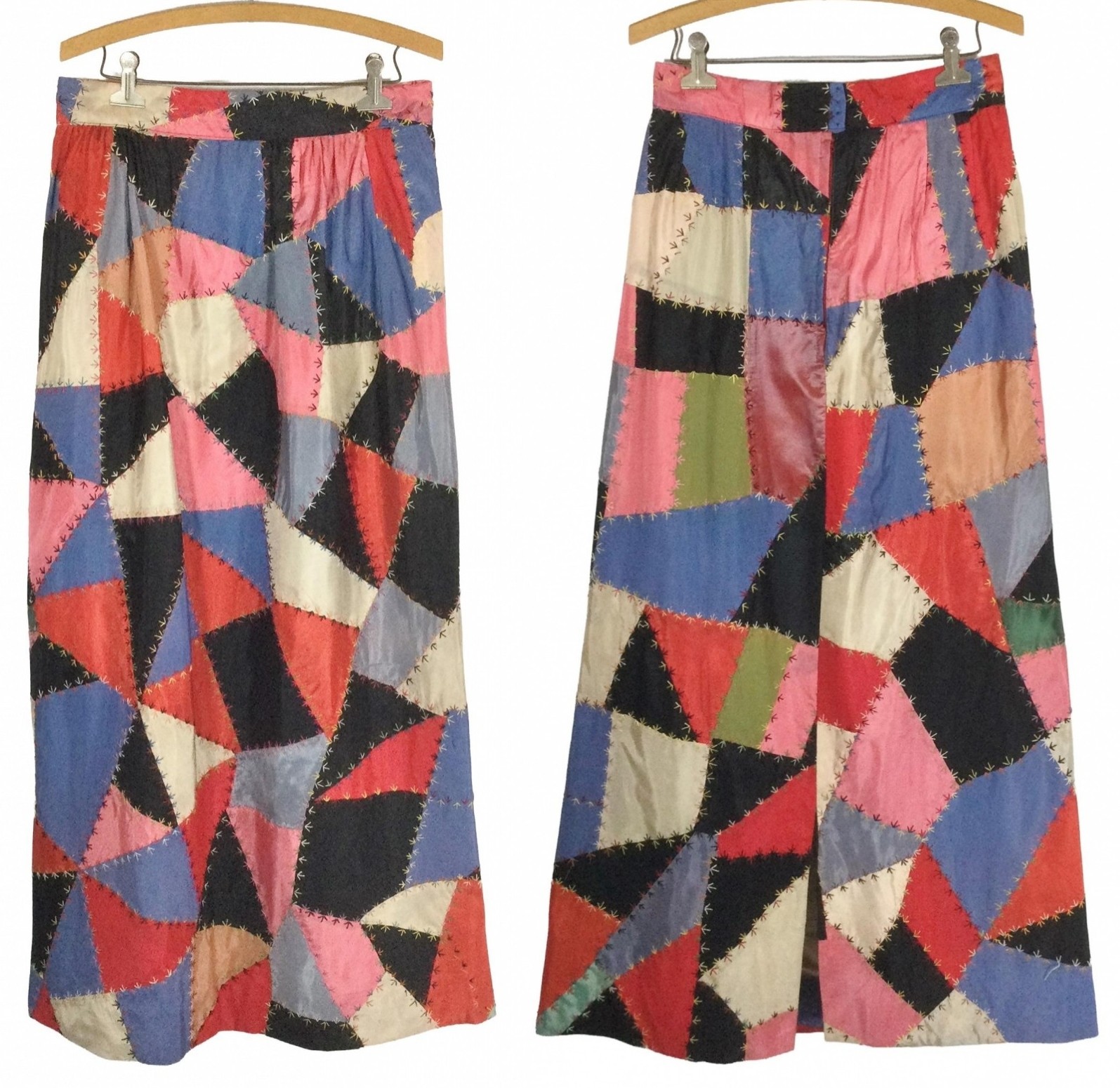 vtg 60S 70S ANTIQUE PATCHWORK CRAZY QUILT EMBROIDERED dress SKIRT 32 cottagecore