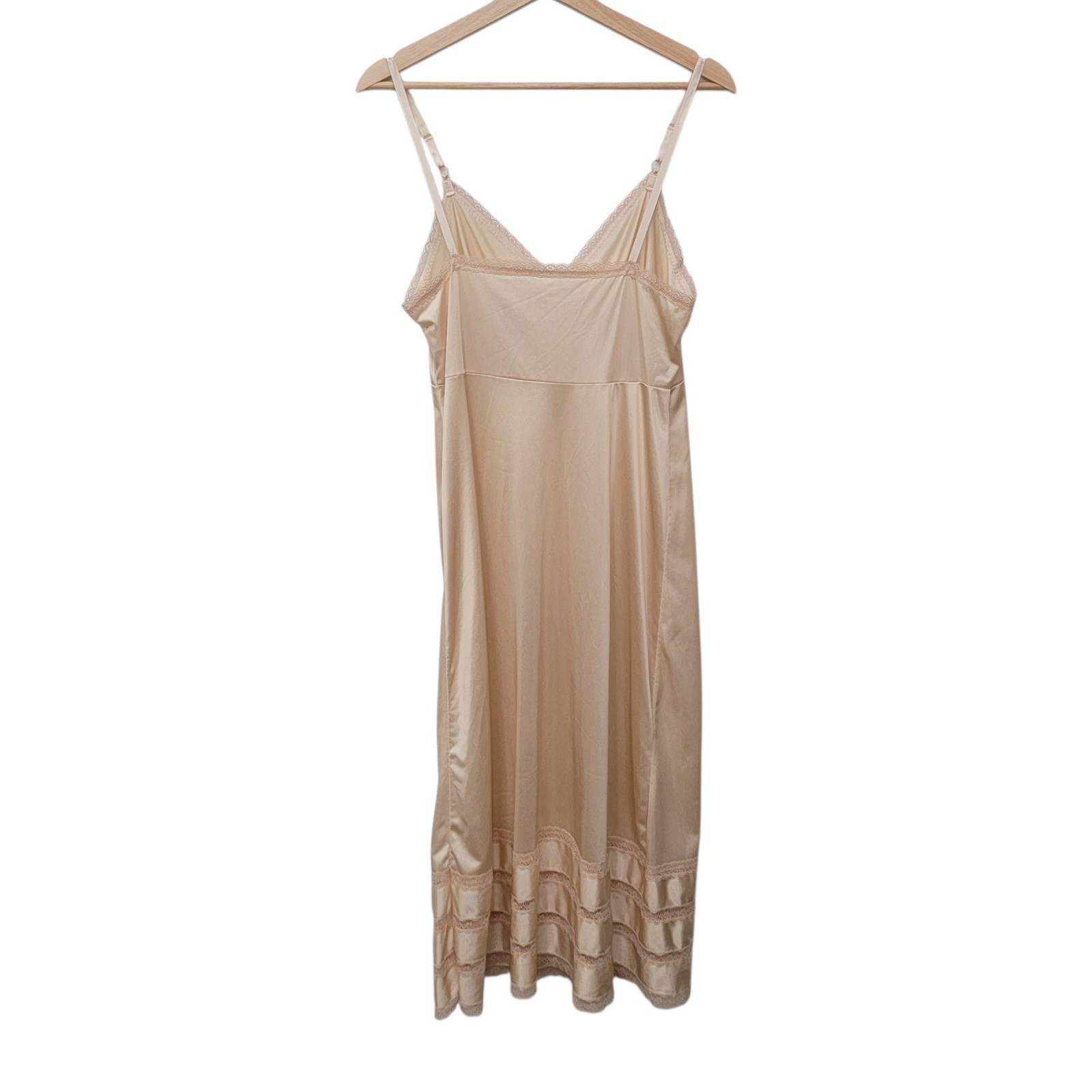 Vintage 90s Nude Silk Satin Midi Slip Dress Lace Hem Neutral Coquette 34 Small