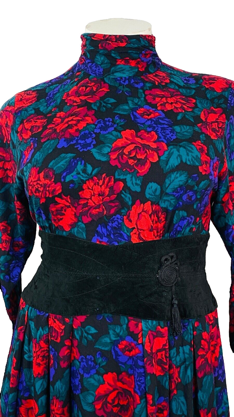 Vintage 1980s red purple floral midi dress, rayon suede waistband Victorian L XL