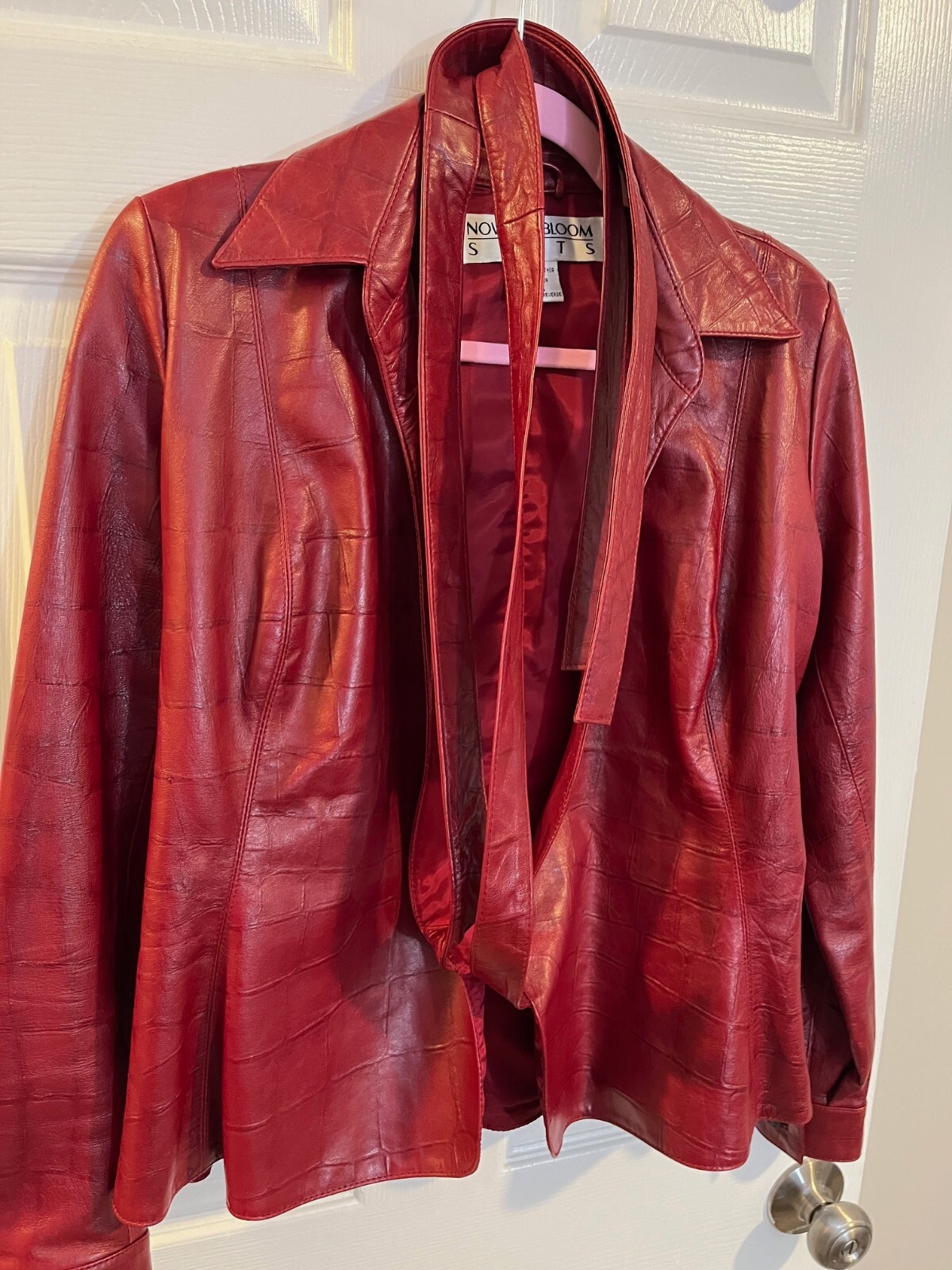 Noviello Bloom Vintage Red Leather Jacket Croc-Embossed Wrap Belt Size 4 Women’s