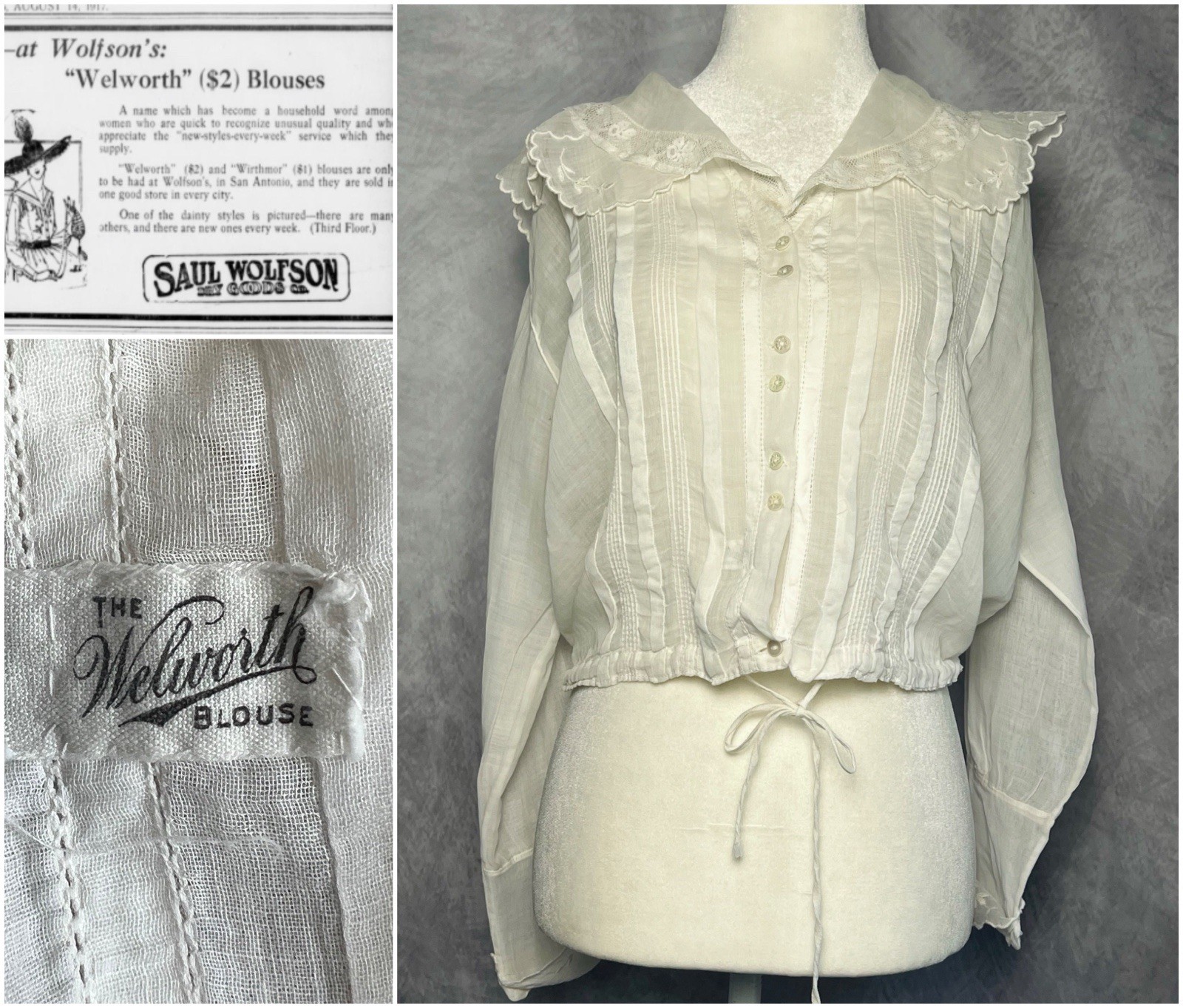 Vintage 1910s Edwardian White Cotton Voile Embroidery Lace Blouse Welworth Label