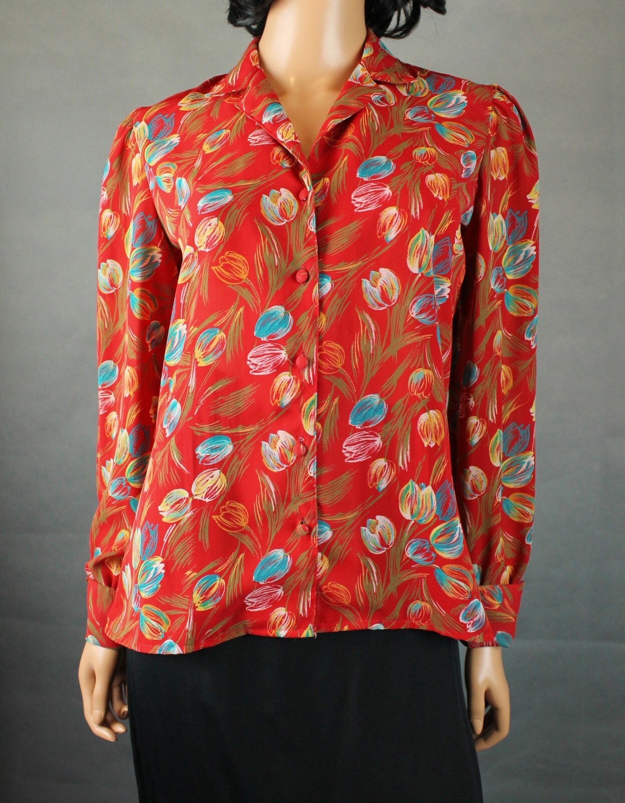 Vintage 80s Blouse 6 S Red Blue Floral Semi Sheer Crepe Long Sleeve Dress Shirt