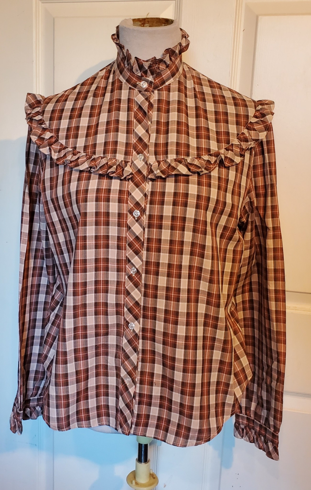 Vintage Brown Plaid Cotton Long Sleeved Blouse Shirt Ruffled Stuart Lang 15/16 n