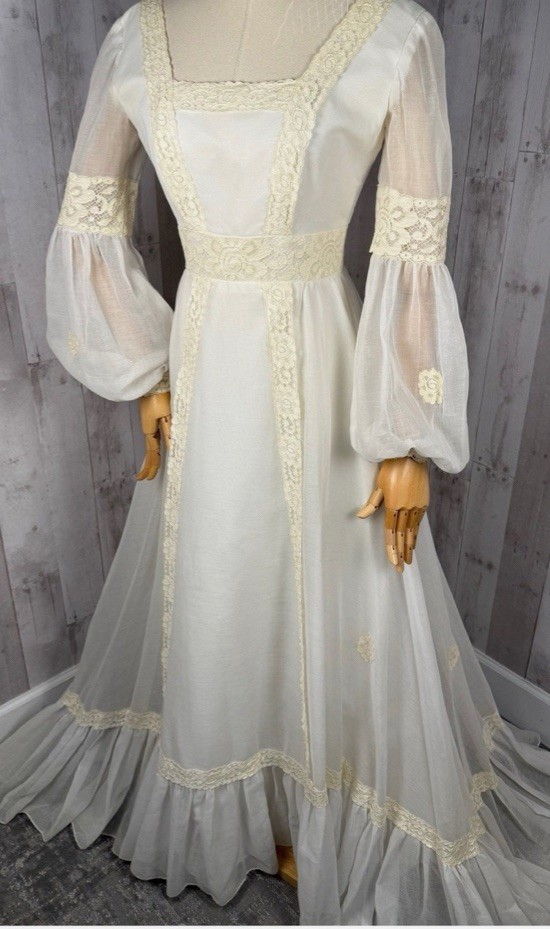 Vintage 1970s Gunne Style Wedding Gown Maxi Cotton Gauze Prairie Bridal Dress 2