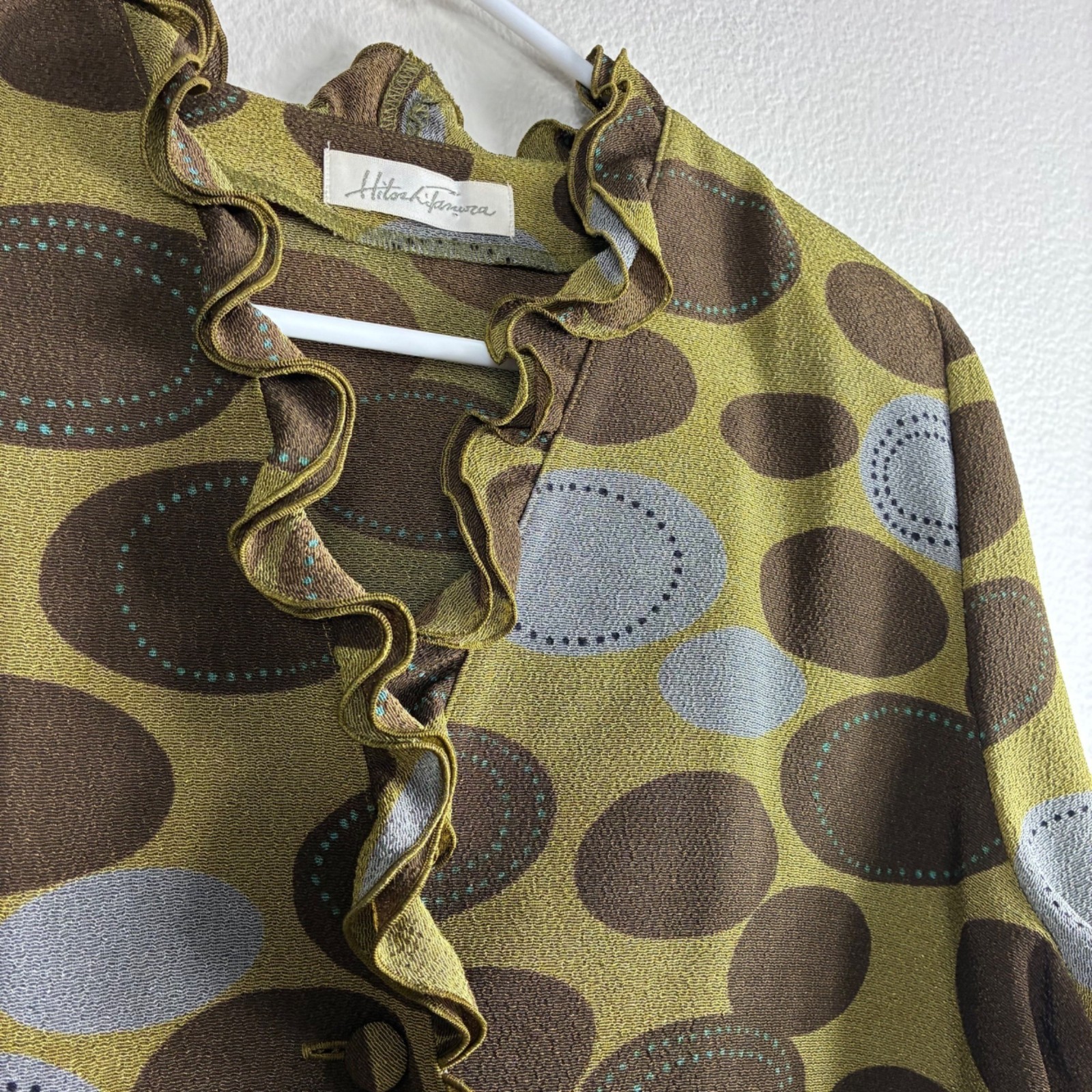 Vintage 80s Hitoshi Tamura Shisendo Ruffled Crepe Blouse Abstract Olive Brown L
