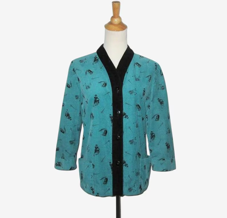 Vintage 1950s Corduroy Matador Blouse Jacket Teal Black Novelty Print – Size M