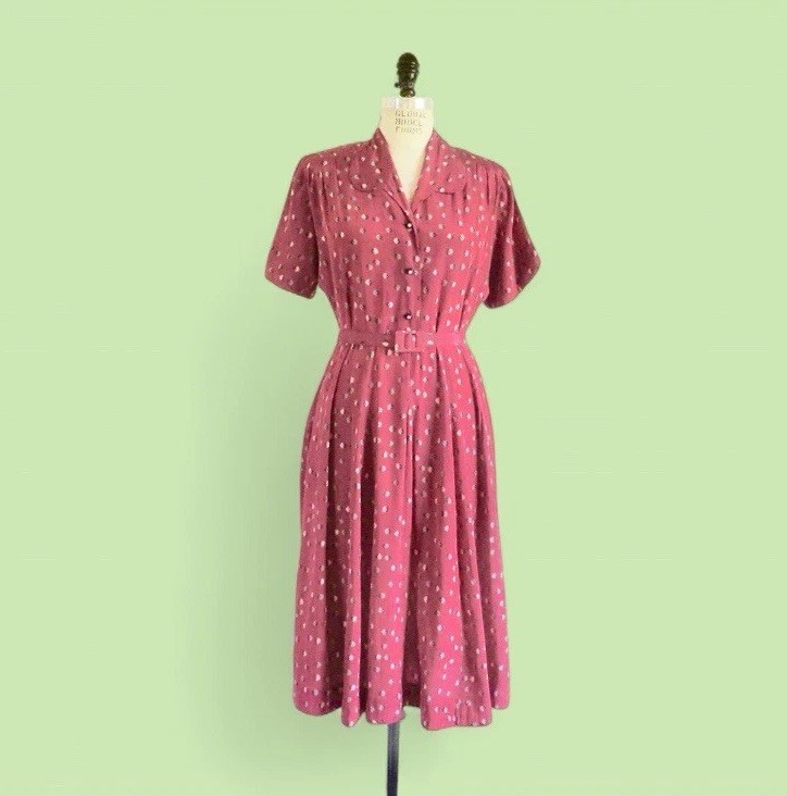 1940s Red Floral Rayon Silk Shirtwaist Dress w/ Belt Medium Large WW2 Era