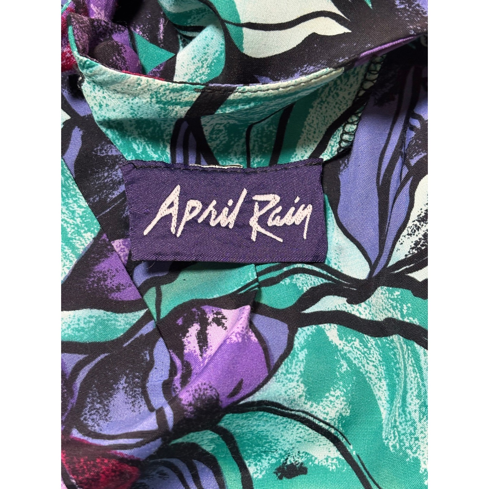 80s Floral Dolman Sleeve April Rain Dress M Teal Purple Multi Vintage