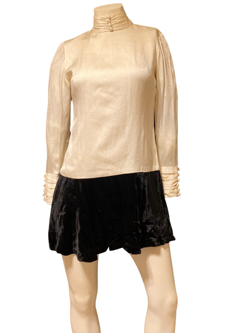 Vintage 60s Leo Narducci MOD gogo mini dress Beige Top Black Velvet Skirt Small