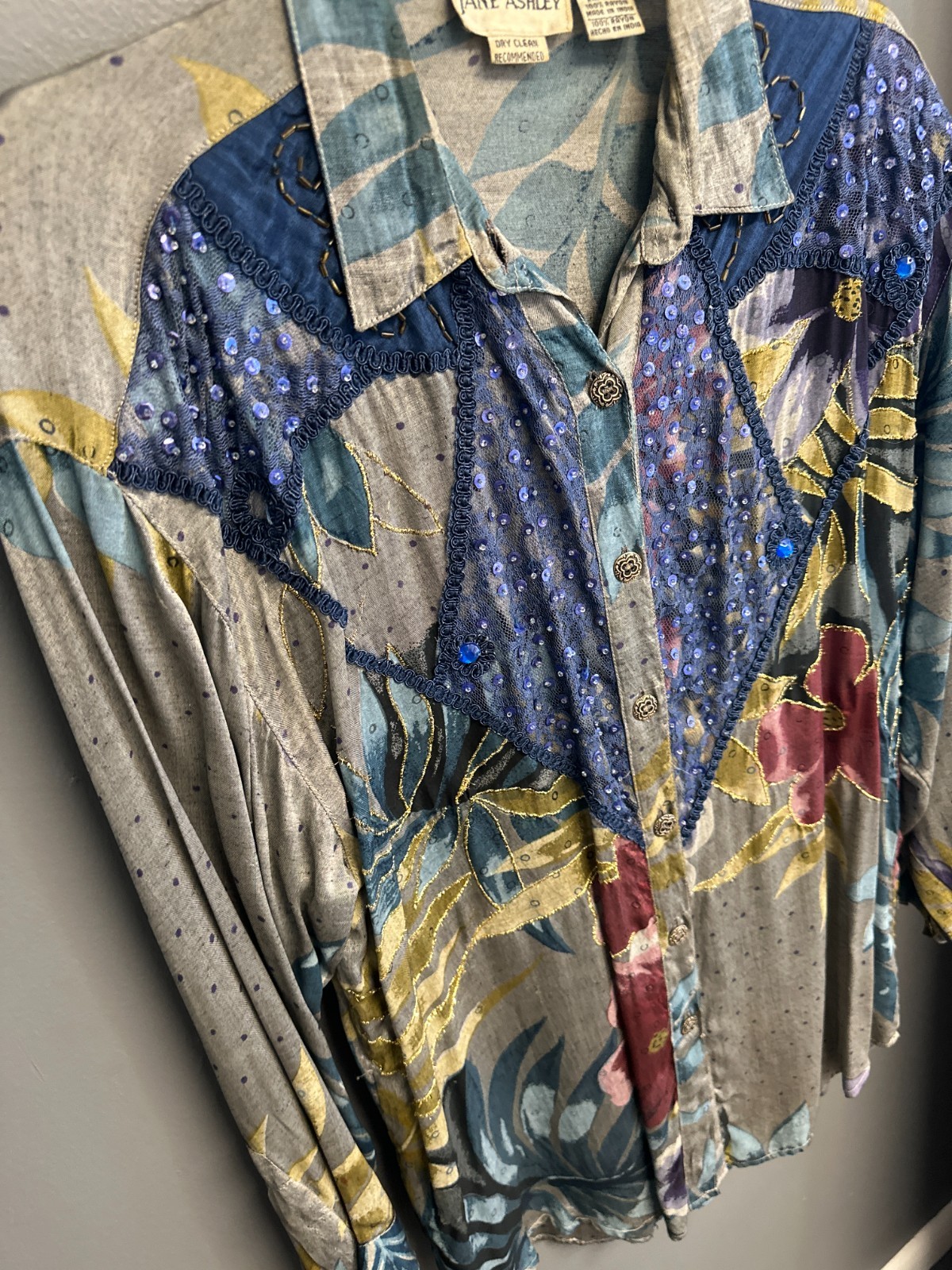 Vintage Jane Ashley Medium Patchwork Beaded Sequin Tunic Blouse Button Top