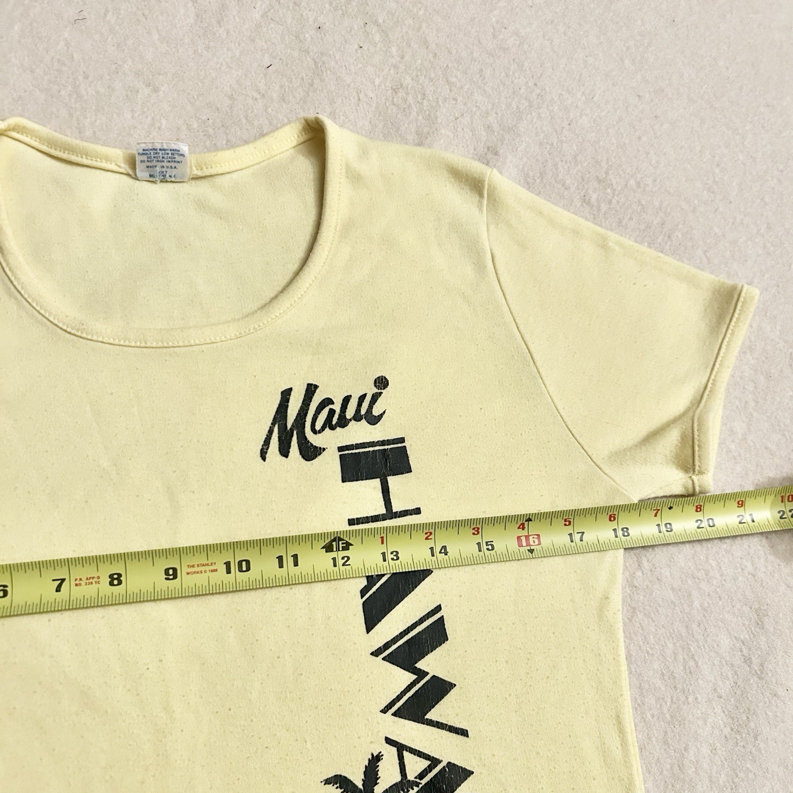 Vintage Hawaii Babydoll Shirt Womens XL 70s Pale Yellow Maui Tourist Fun Tees