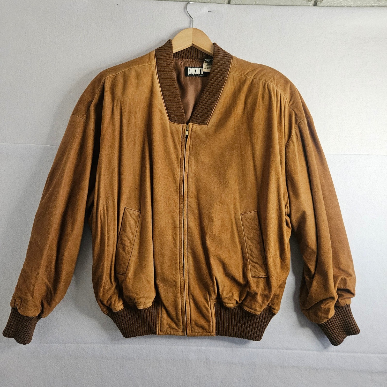 DKNY Donna Karan Vtg Suede Leather Bomber Jacket Womens Brown Tan 12 Large 90s