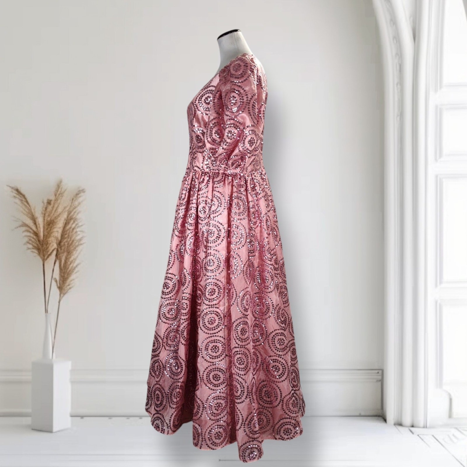 Vintage 80s Pink Sequin Formal Dress Size 12 Puff Sleeve Basque Waist