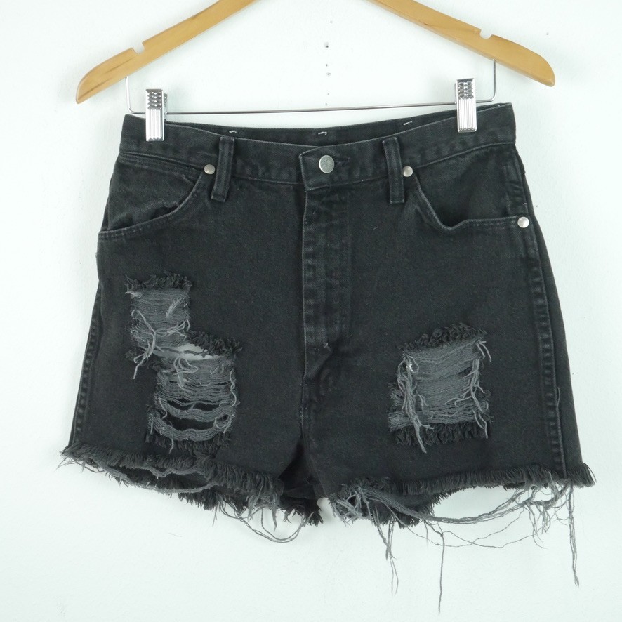 Vintage Wrangler Black Denim Cutoff Shorts Distressed Bareback Western 29″ USA