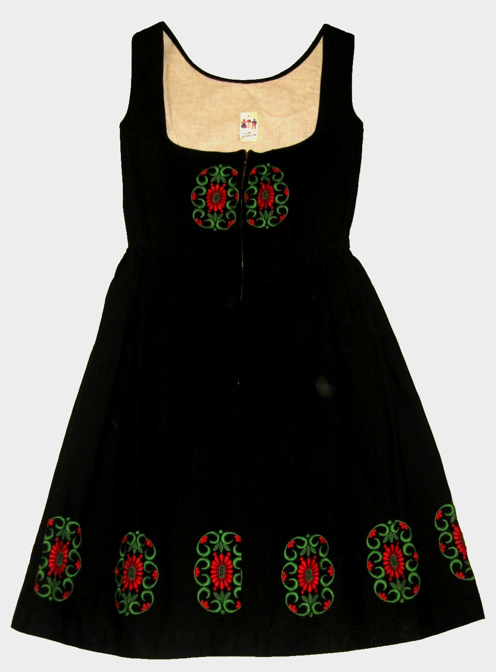 Vintage 60s Isola Dirndl Dress Austrian Black Red Floral Green Embroidery 42 S/M