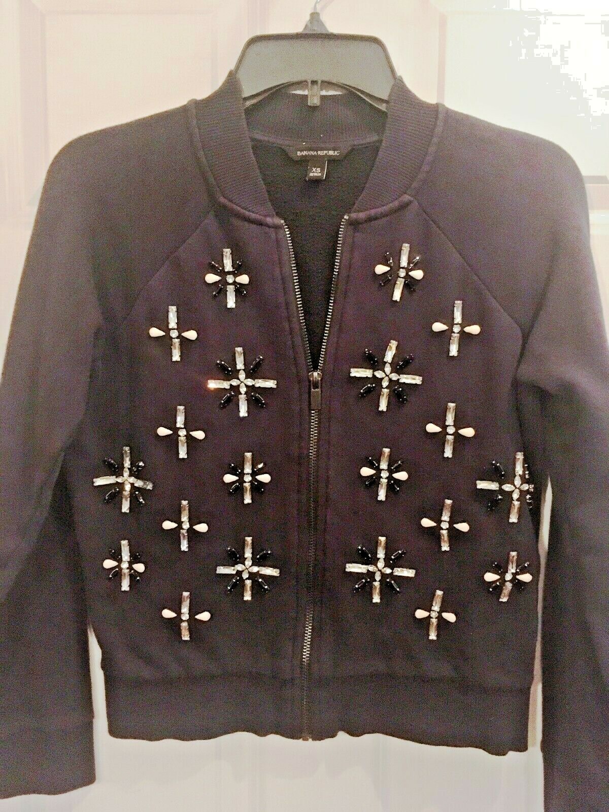 Vintage Banana Republic Beaded Knit Bomber Jacket Navy Blue Retro Size XS