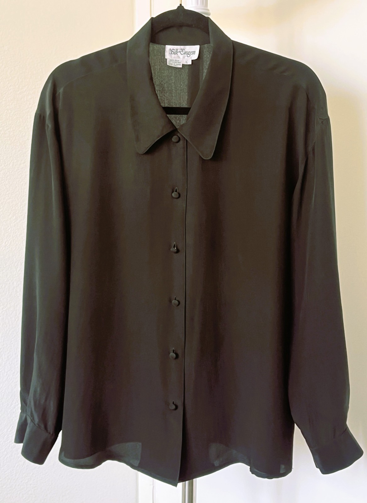 Vintage Silk Dragon Black Silk Blouse Shirt Top Long Sleeve Size L
