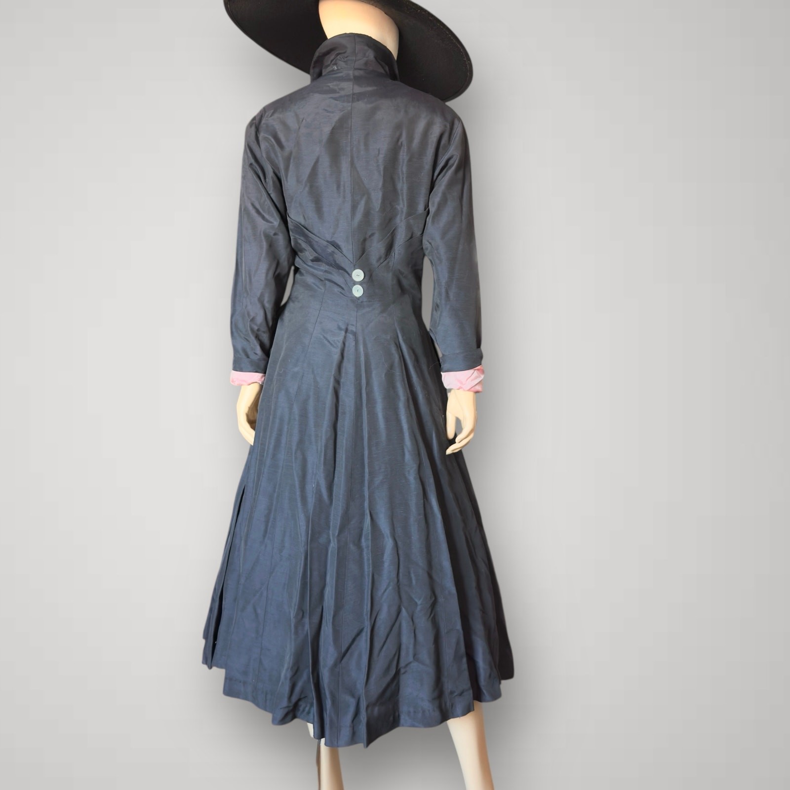 Vintage 1940s New Look Black Silk Duster Princess Coat Button Front Jacket Small